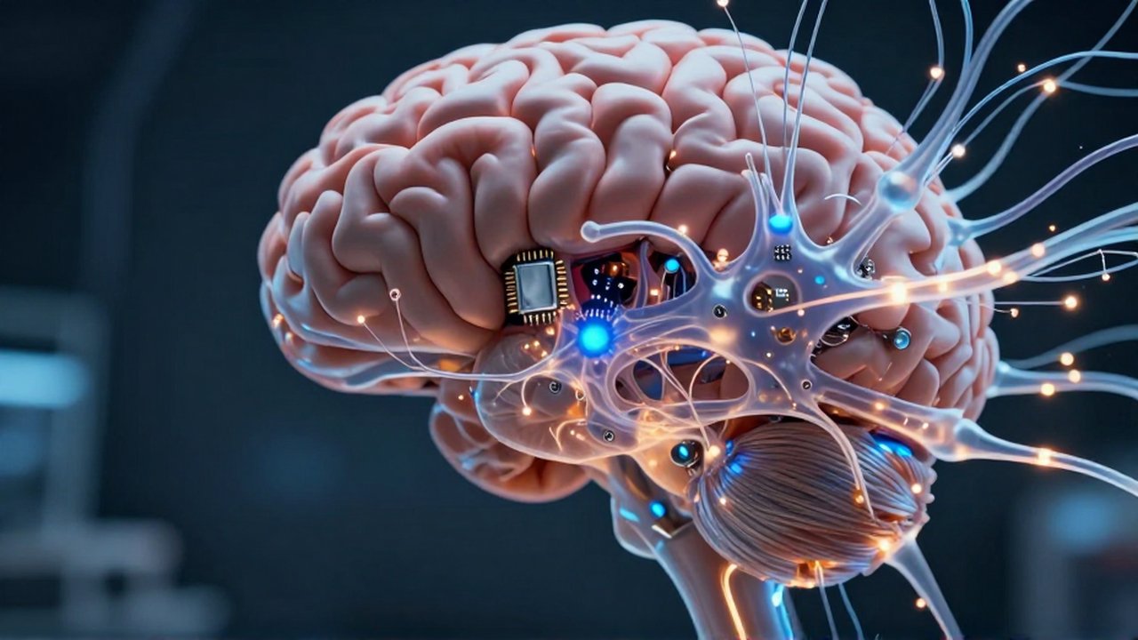 Perfil lateral de un cerebro humano fusionándose con redes neuronales de fibra óptica y microchips brillantes.