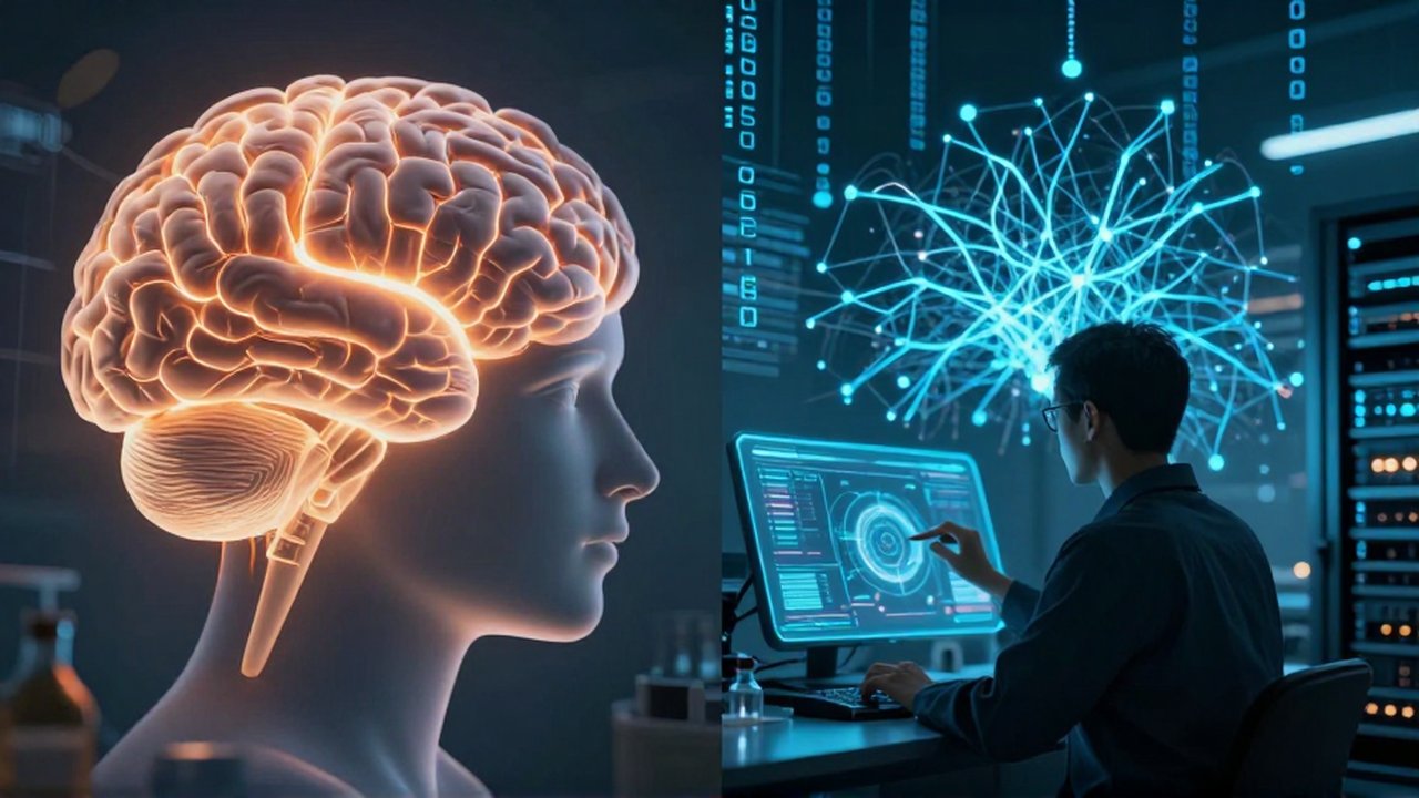Silueta de un cerebro humano frente a una red neuronal digital de datos en un laboratorio tecnológico.