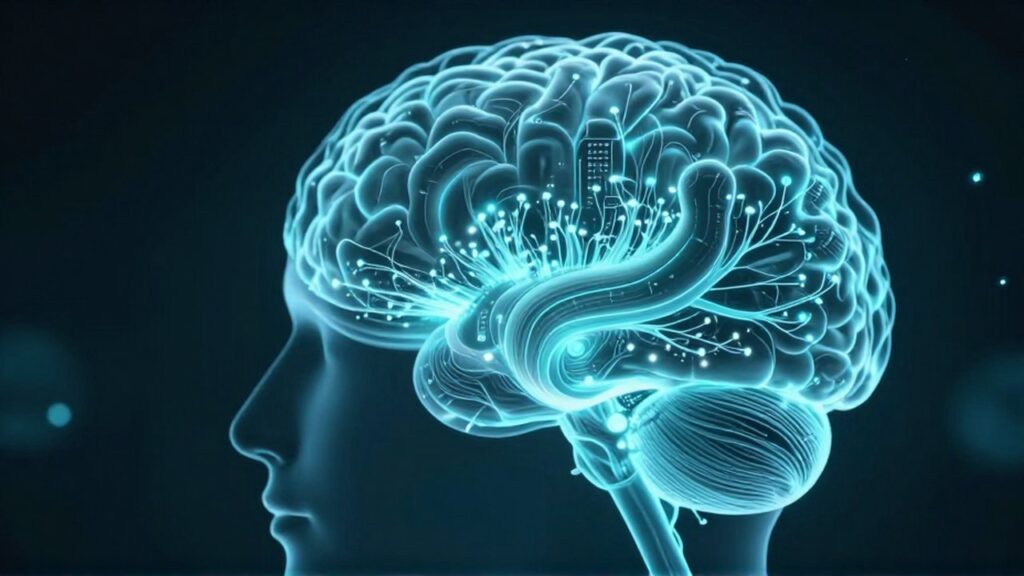 Perfil de un cerebro humano traslúcido con redes neuronales brillantes y nodos de datos luminosos.