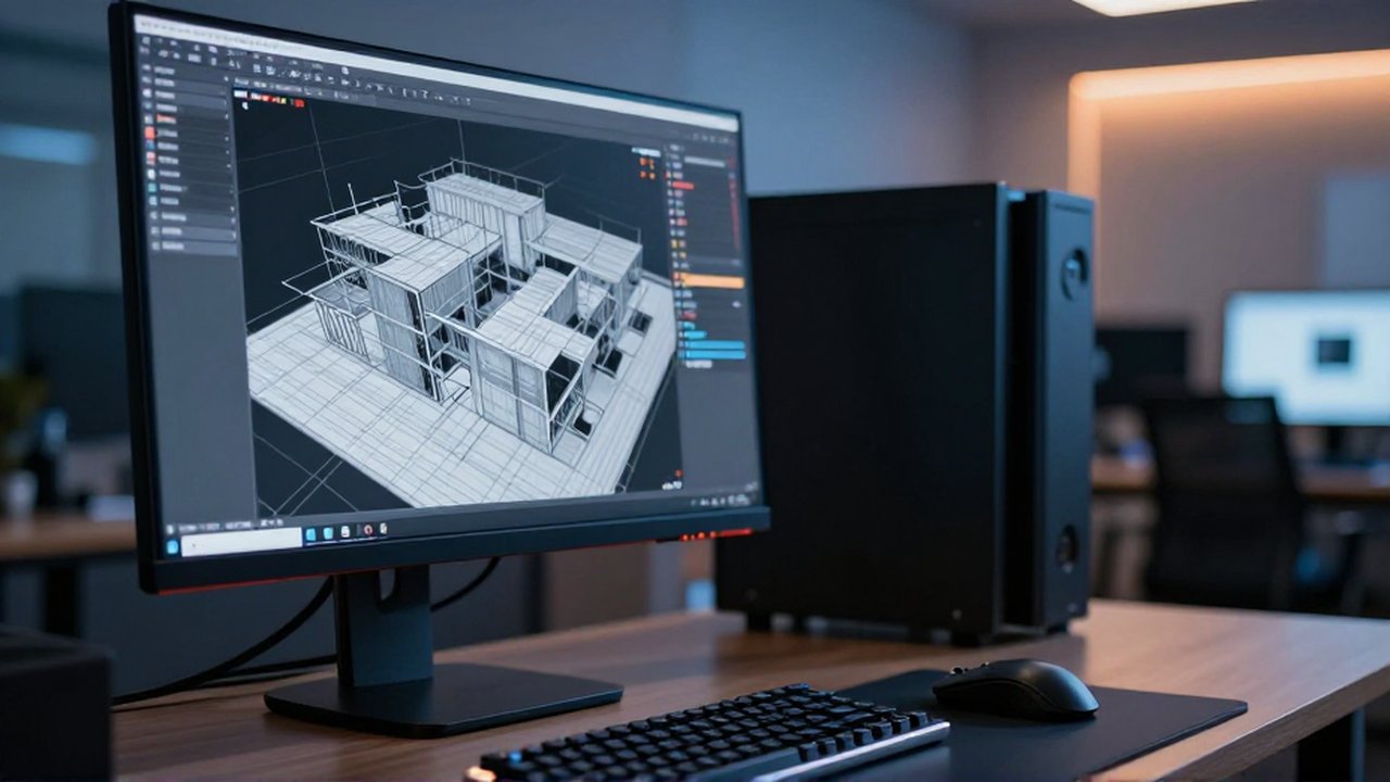Monitor de alta gama mostrando un modelo arquitectónico 3D en un escritorio de oficina moderno.