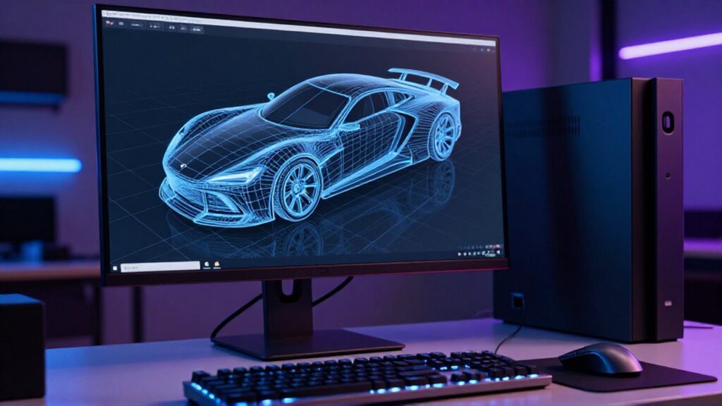 Estación de trabajo profesional con un monitor que muestra el diseño 3D de un coche futurista.