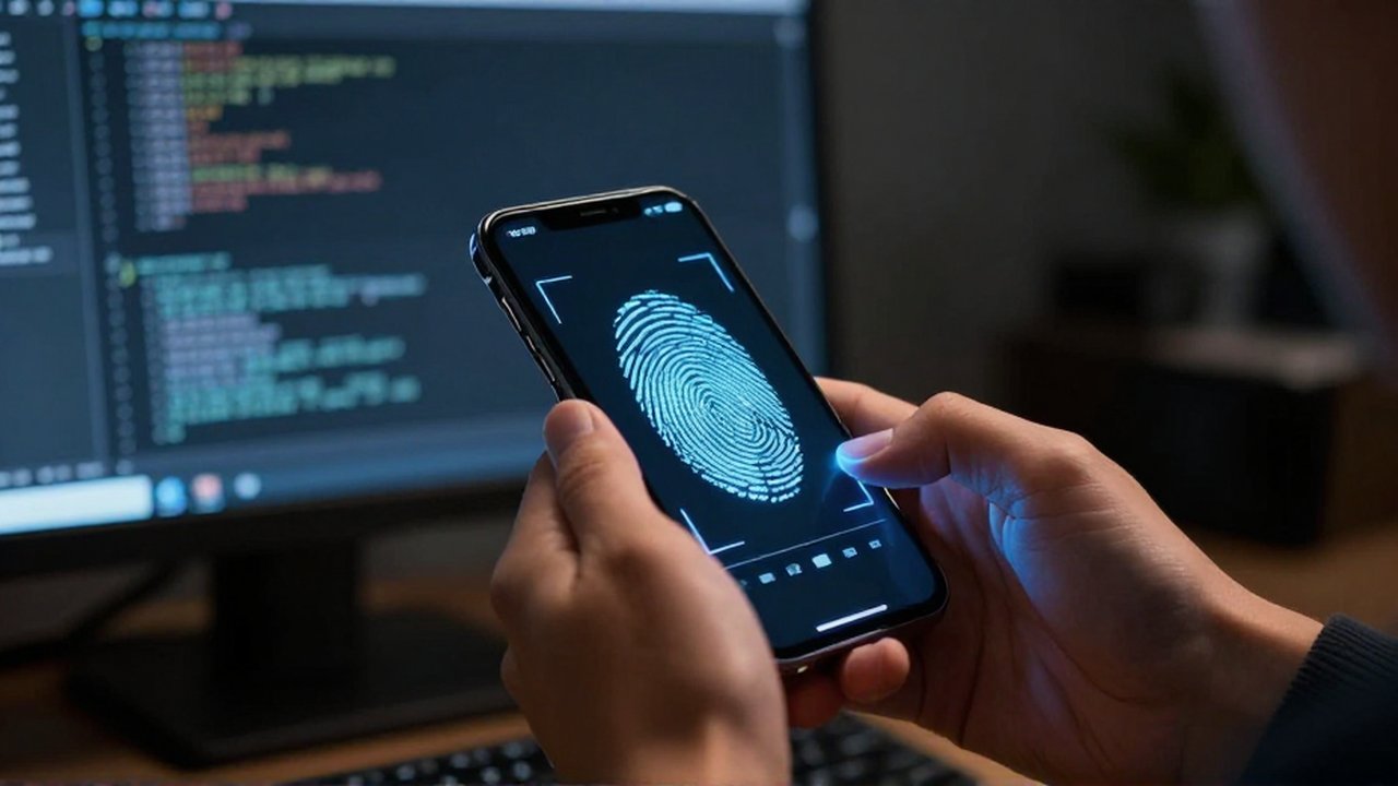 Manos sosteniendo un smartphone con un escaneo de huella digital iluminado en un entorno tecnológico.